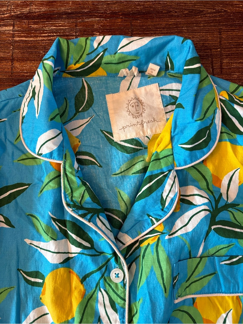 Print Fresh Pajama Set Womens Medium Blue Lemon Print Organic Cotton - Picture 9 of 12